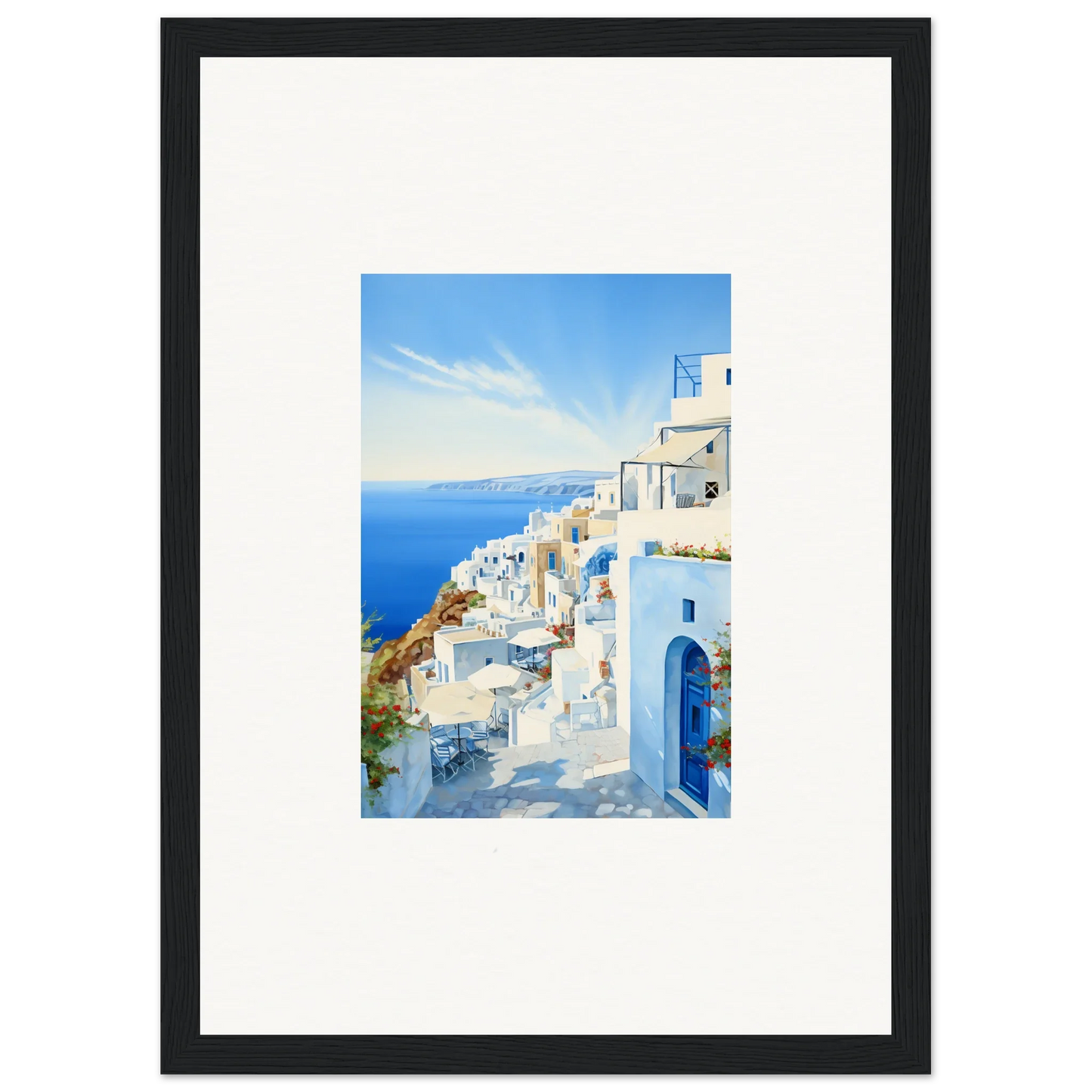 Framed photo of Santorini’s white buildings in Mediterranean Serenity Remastered