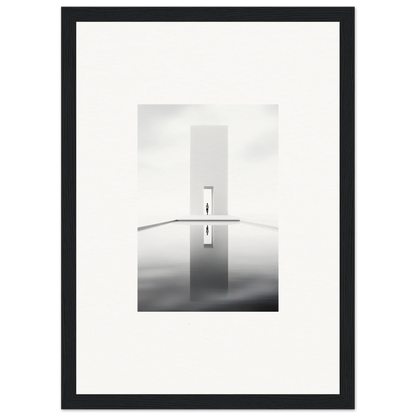 Minimalist black and white photo of a tower reflection for Dreamer’s Vanishing Silhouette