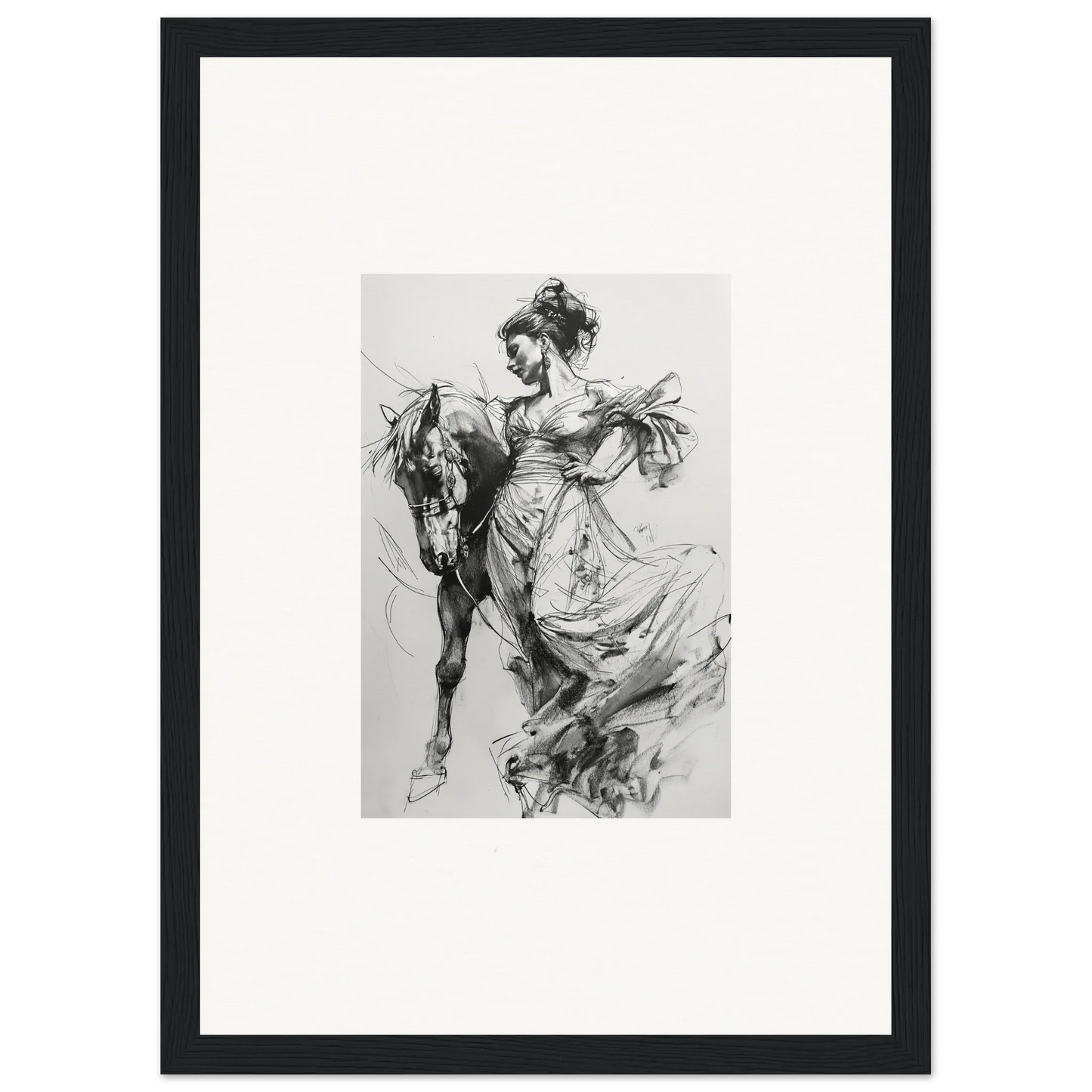 Black and white sketch of woman in dress riding a horse from Thoughts Unbridled Dance