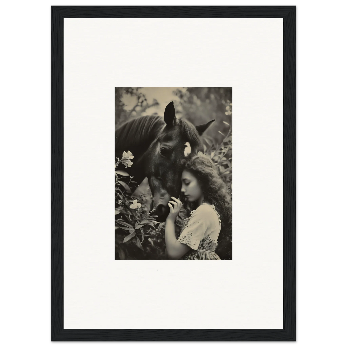 Black and white canvas print of a girl and horse, perfect wall art for room decoration