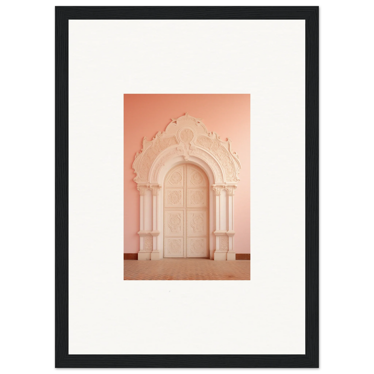 Ornate arched doorway with soft pink tones from Patio Reverie Sleutelenv framed wall art