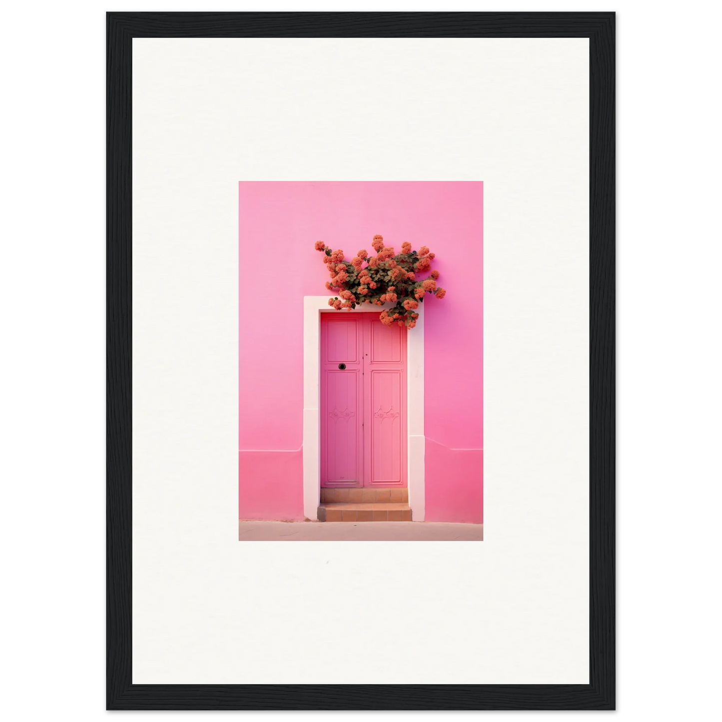 Pink door with red flowers, perfect for Quantum Pink Serenade framed wall art