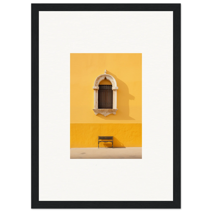 Wooden arched window on a yellow wall above a bench, part of Gapes of Gargoyles special edition art™