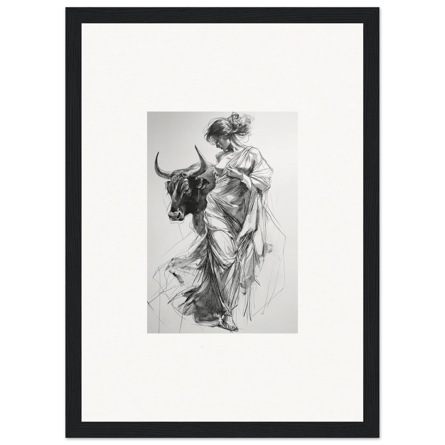 Black and white sketch of a woman in robes with a bull for Splashing Gaze Melds