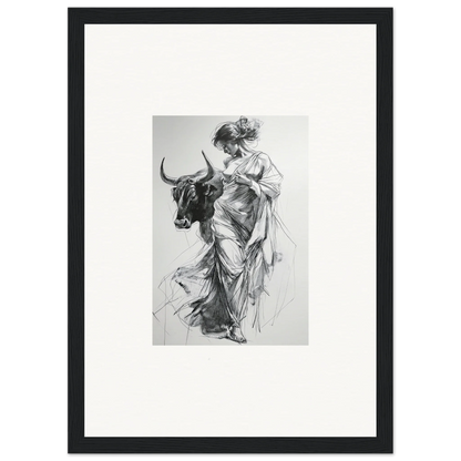 Black and white sketch of a woman in a flowing dress beside a bull, special edition art™