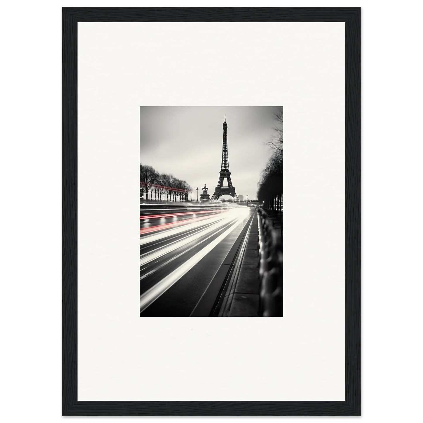 Black and white Eiffel Tower photo with light trails for Eternal Windsweep Halo art™