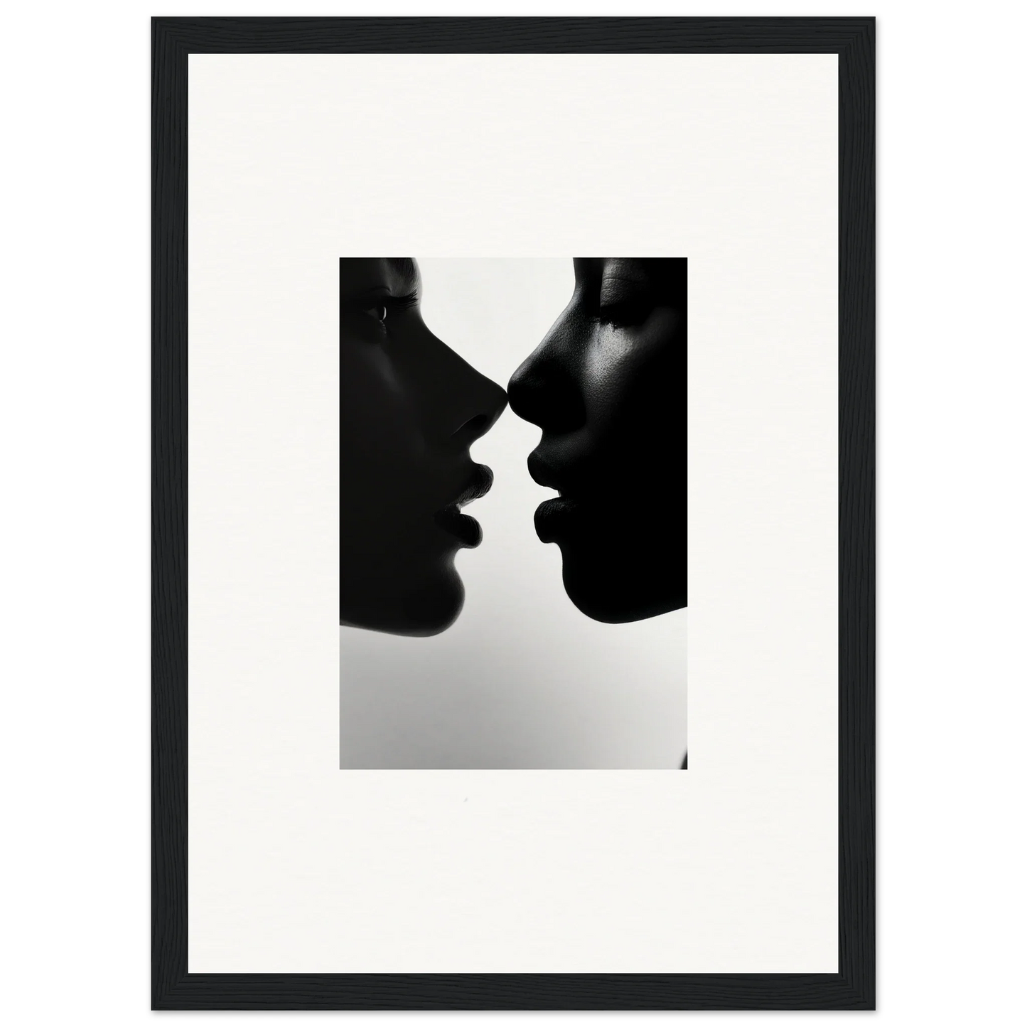 Two profiles in a near-kiss, featured in Narcissus Mirror Haze framed wall art