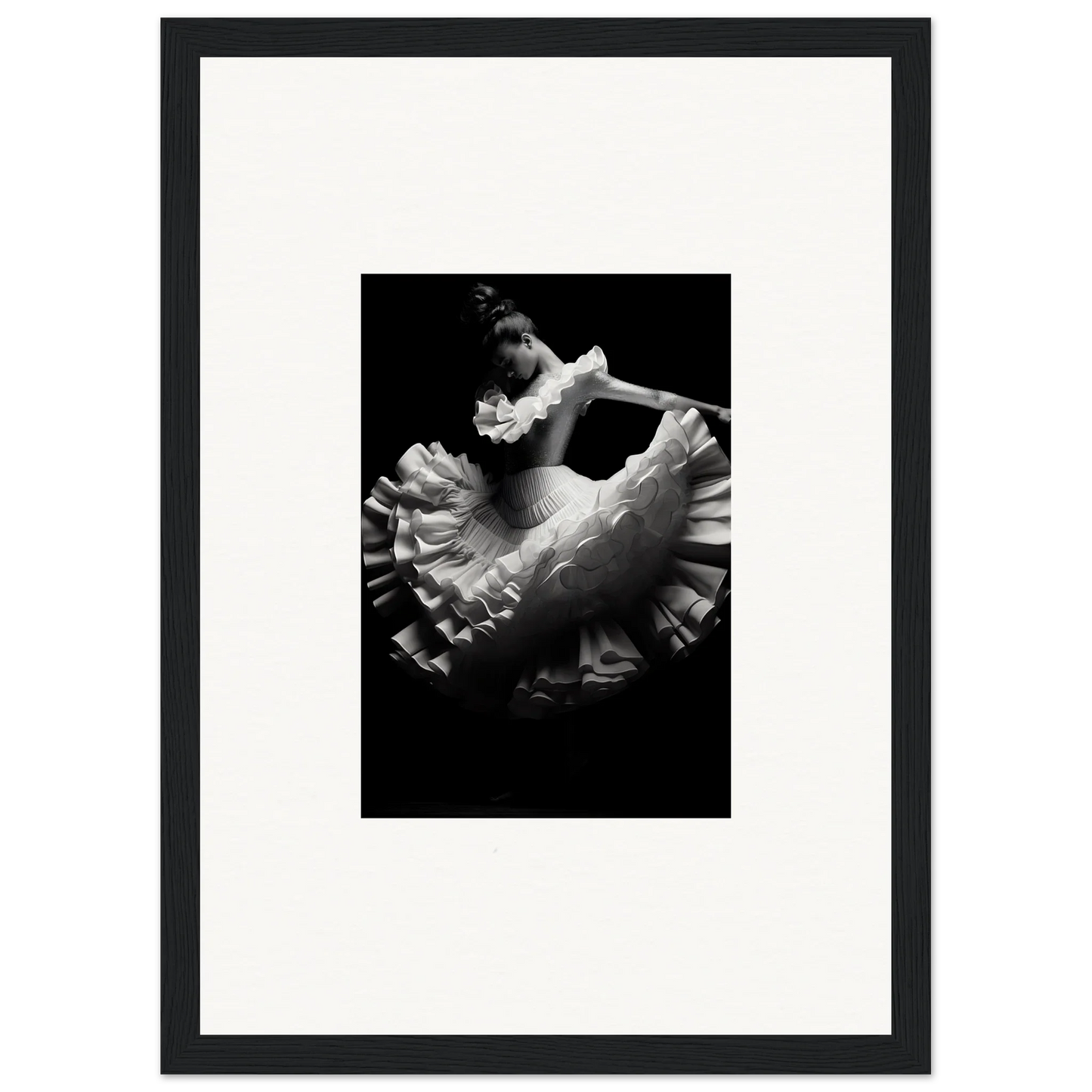 Black and white photo of Swirled Dream Dancer in a ruffled tutu, perfect for premium framed wall