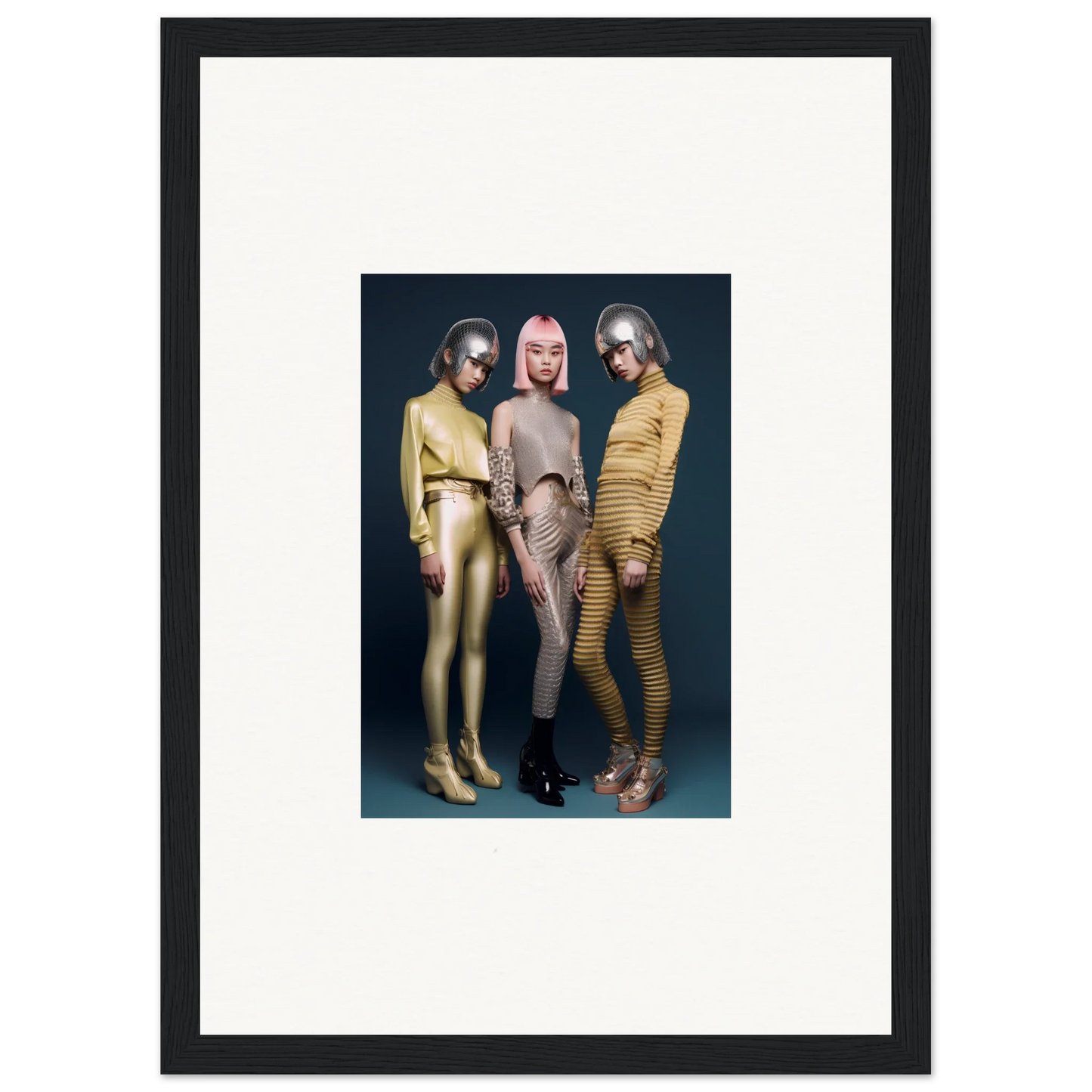 Framed wall art of three people in metallic bodysuits from Galactic Fashion Paradigm