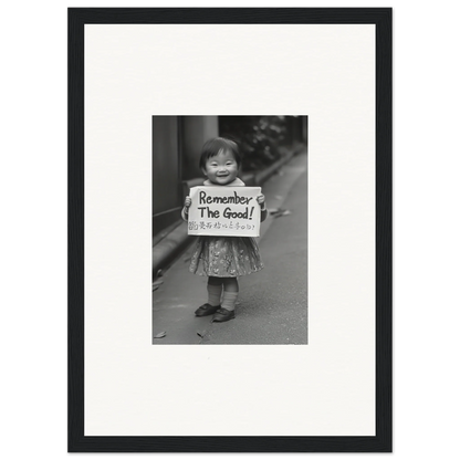 Child holding a sign saying Remember The Good in Whimsy Echo Memory framed wall art