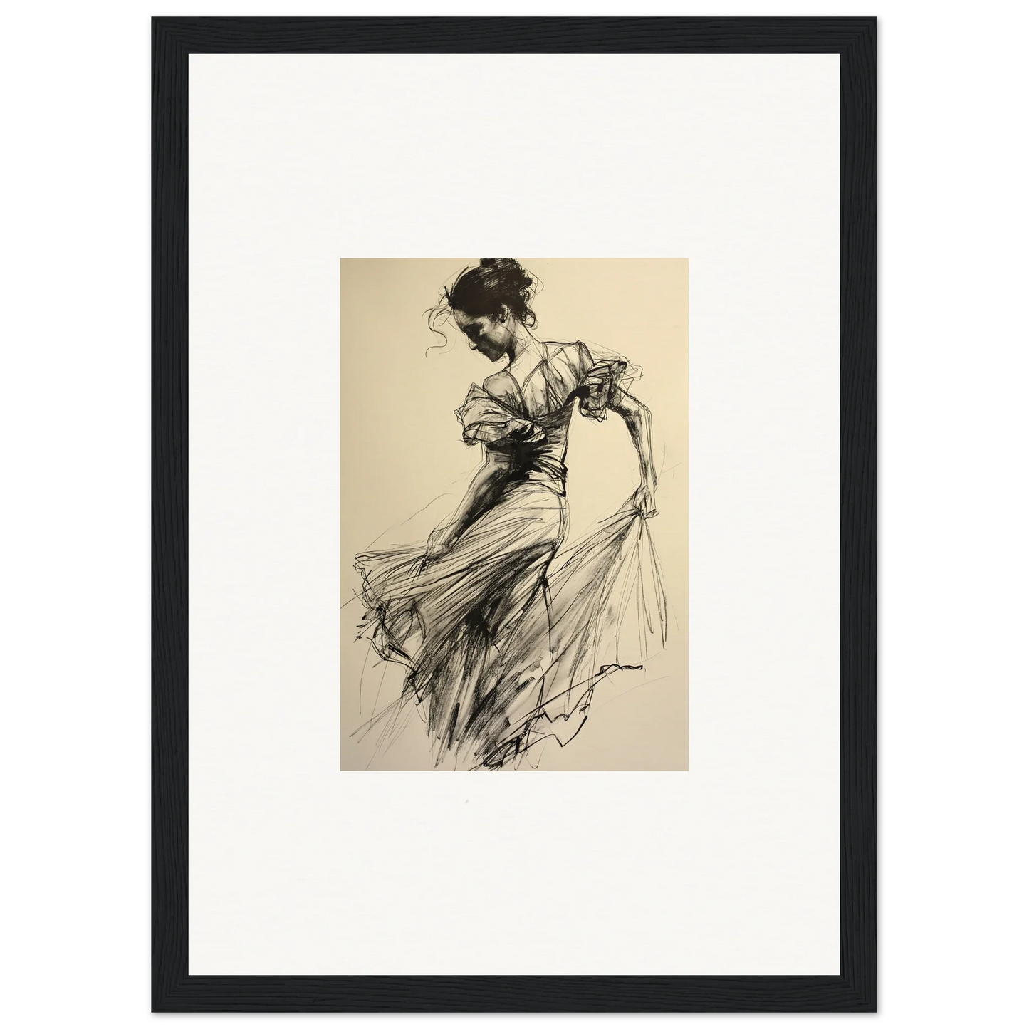 Gestural sketch of a dancer in flowing dress for Ethereal Pause Beneath framed wall art