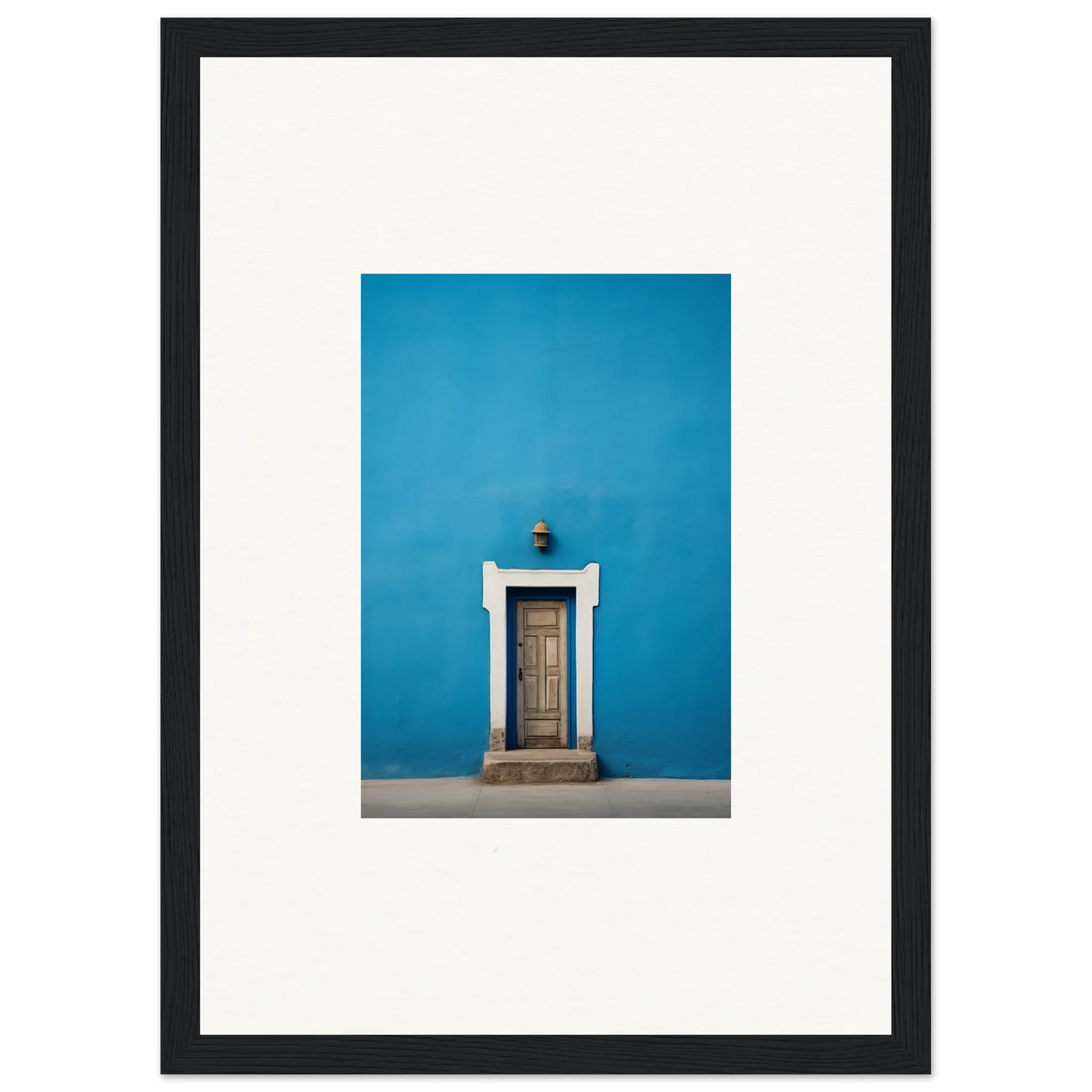 Wooden door with white trim and lamp, featured in Eternal Cerulean Cloister