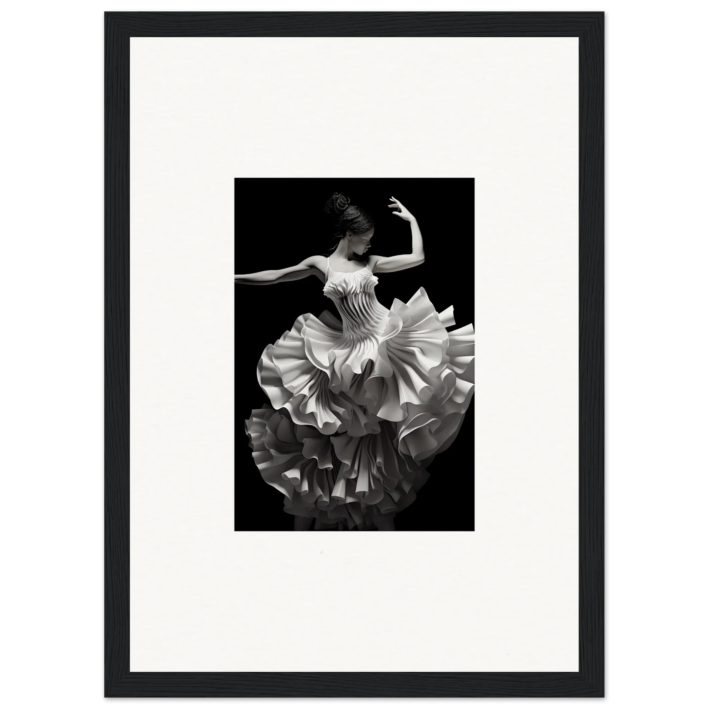 Dancer in ruffled white dress twirling, showcasing Tangled Luminous Laces art