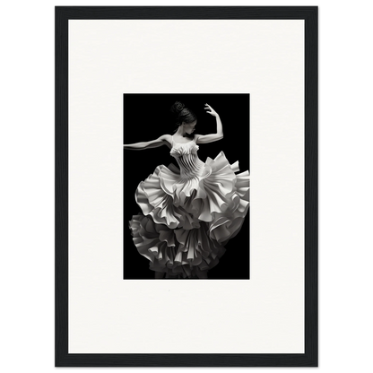 Dancer in ruffled white dress twirling, showcasing Tangled Luminous Laces art