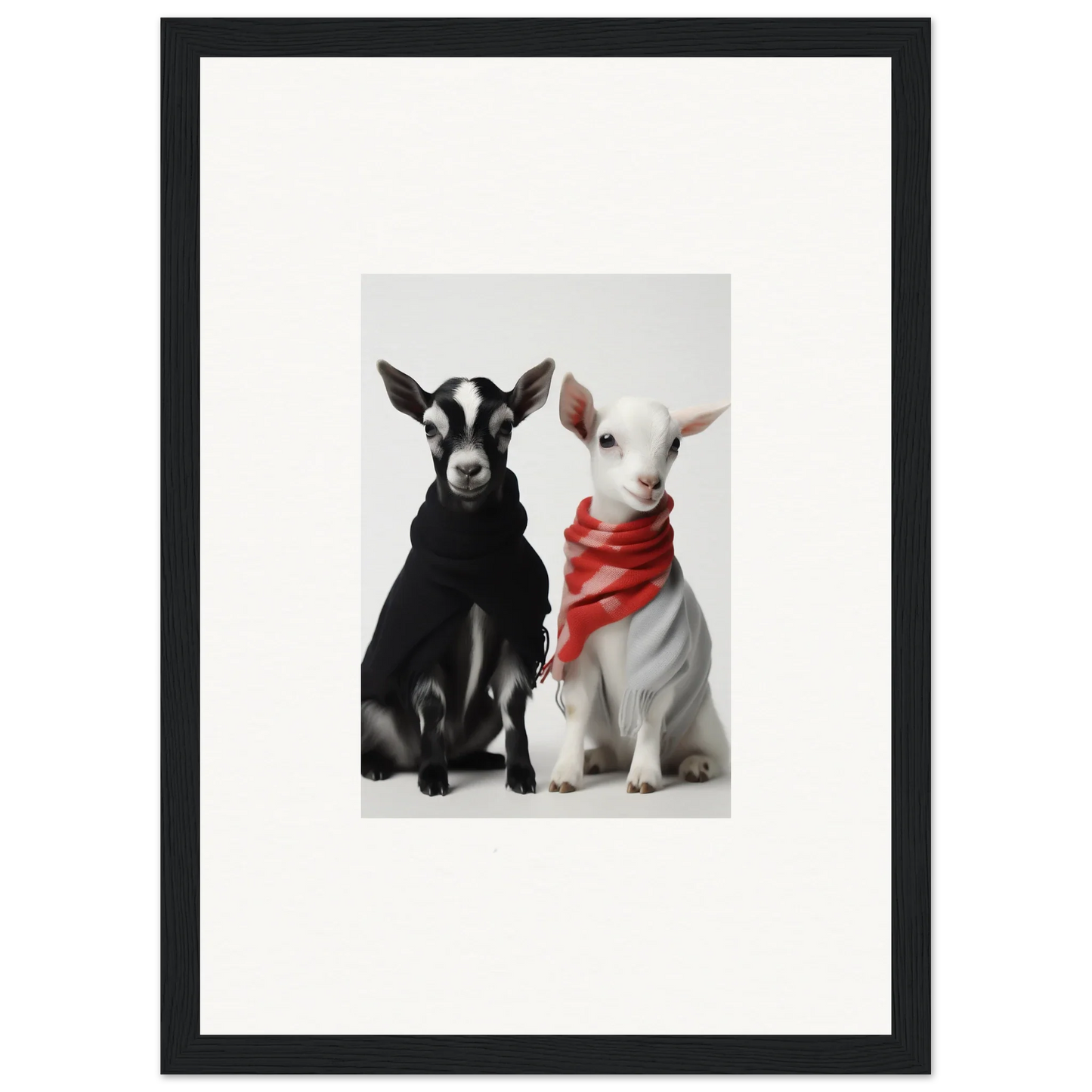 Black and white goats lounging together, one with a red bandana - Rainbow Twin Dreams art