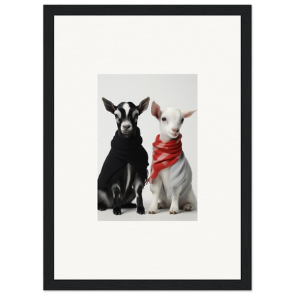 Black and white goats lounging together, one with a red bandana - Rainbow Twin Dreams art