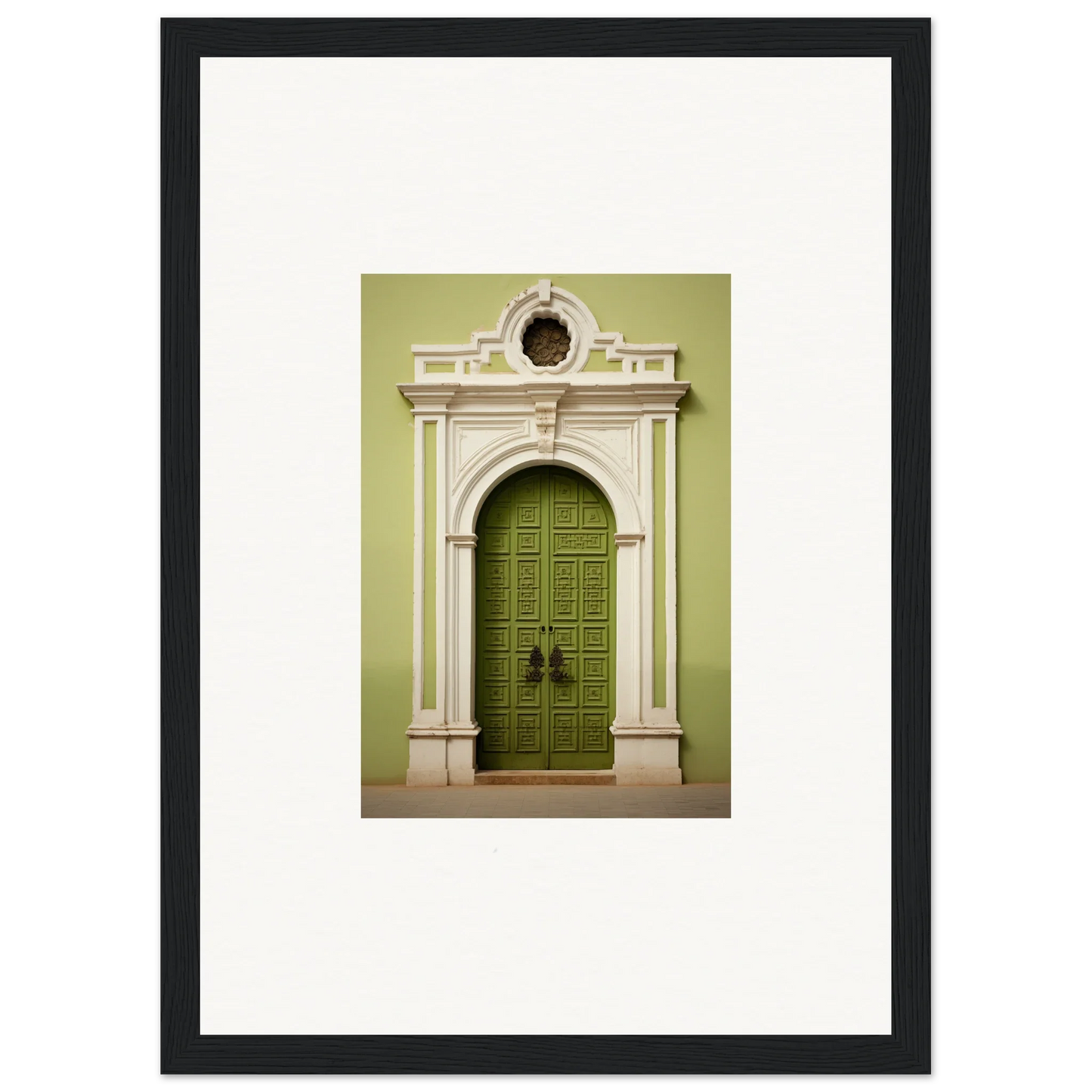 Ornate green door in Verdant Sentry Whispers with classic stone arch and crown molding