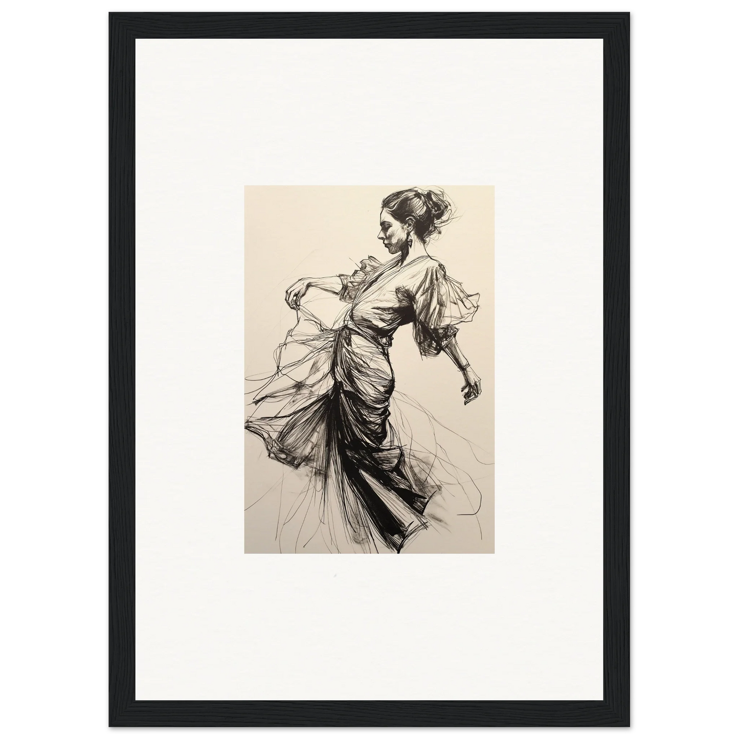 Elegant woman in flowing dress, capturing Midnight Dance Whispers in premium framed wall art