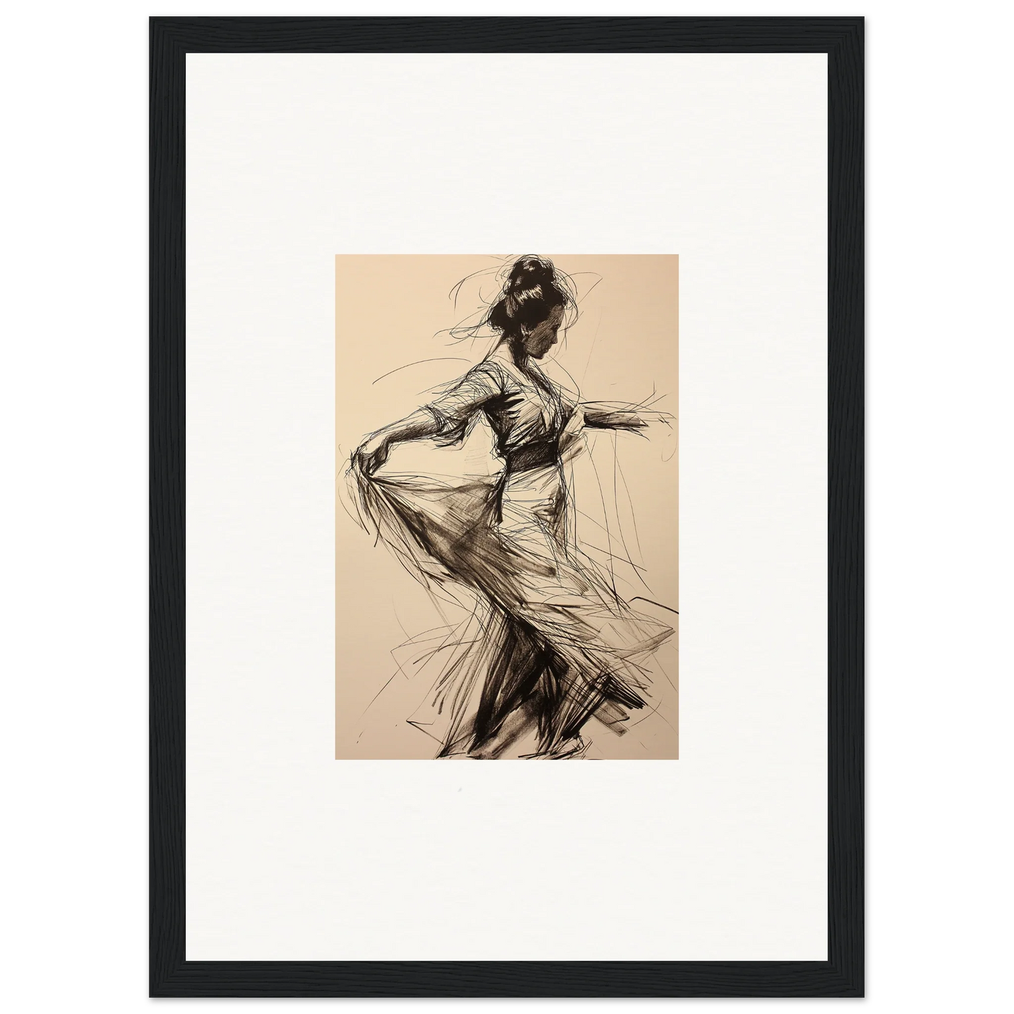 Sketch of a dancer in flowing dress, embodying the spirit of Ephemeral Whirling Arcade