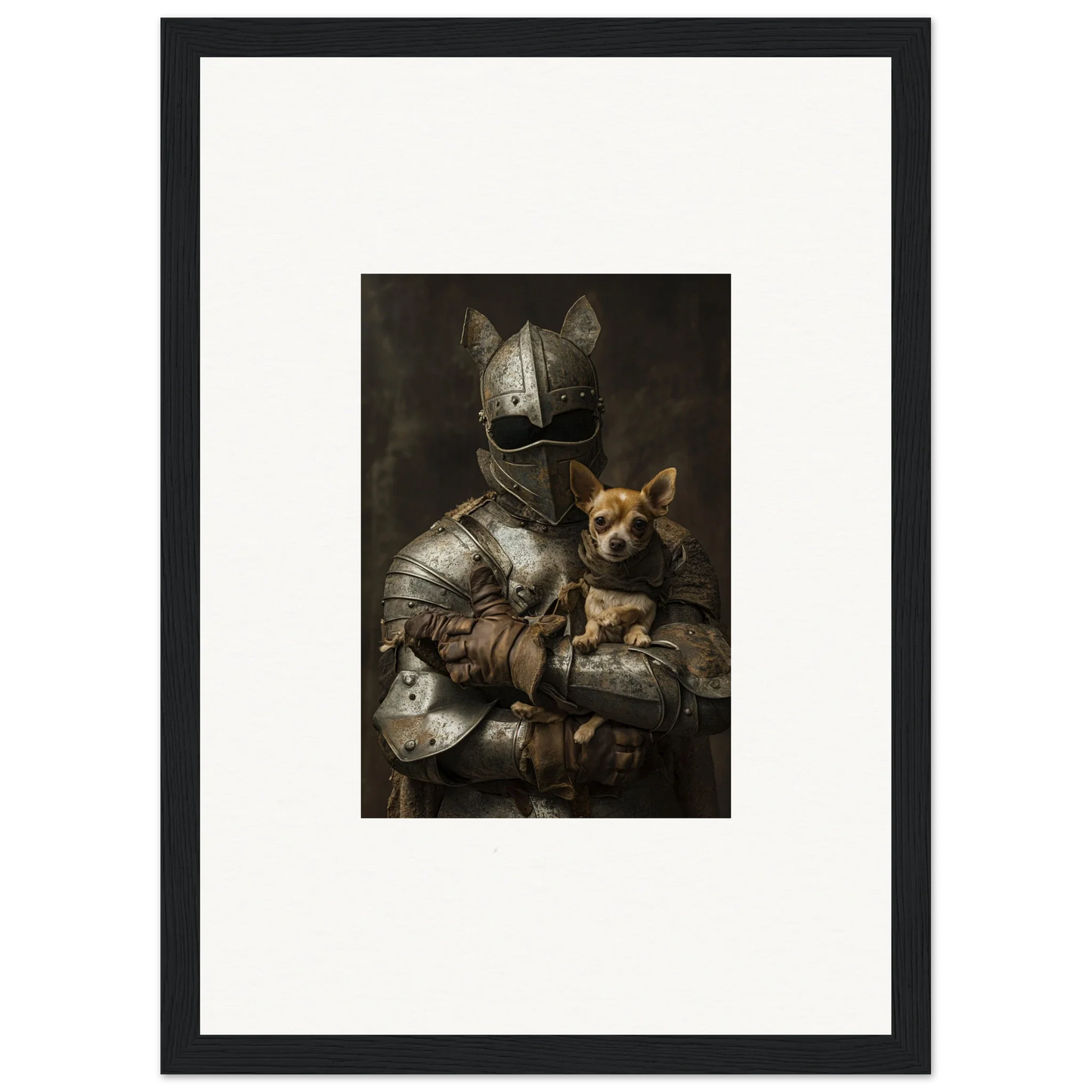 Medieval knight in plate armor holding Chihuahua in Serene Steel Whispers art piece