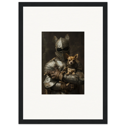 Medieval knight in plate armor holding Chihuahua in Serene Steel Whispers art piece