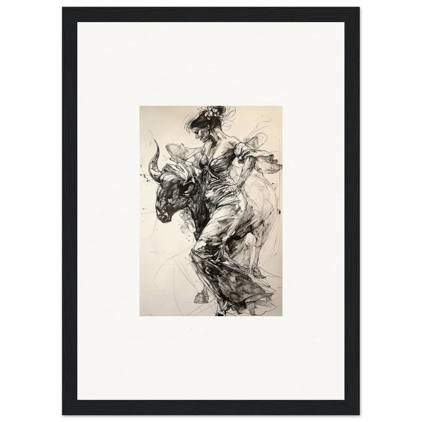 Dynamic black and white bull rider sketch in Labyrinthine Spanish Mirage special edition art™