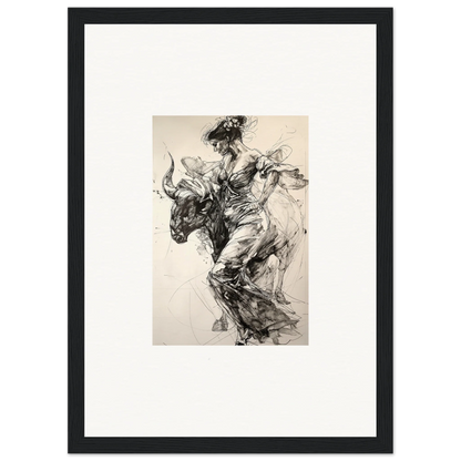 Dynamic black and white bull rider sketch in Labyrinthine Spanish Mirage special edition art™