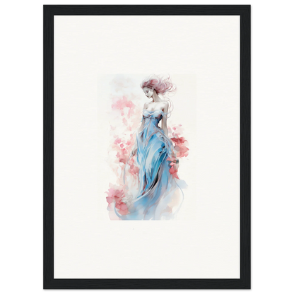 Watercolor wall art of an elegant woman in a blue dress for stylish room decoration