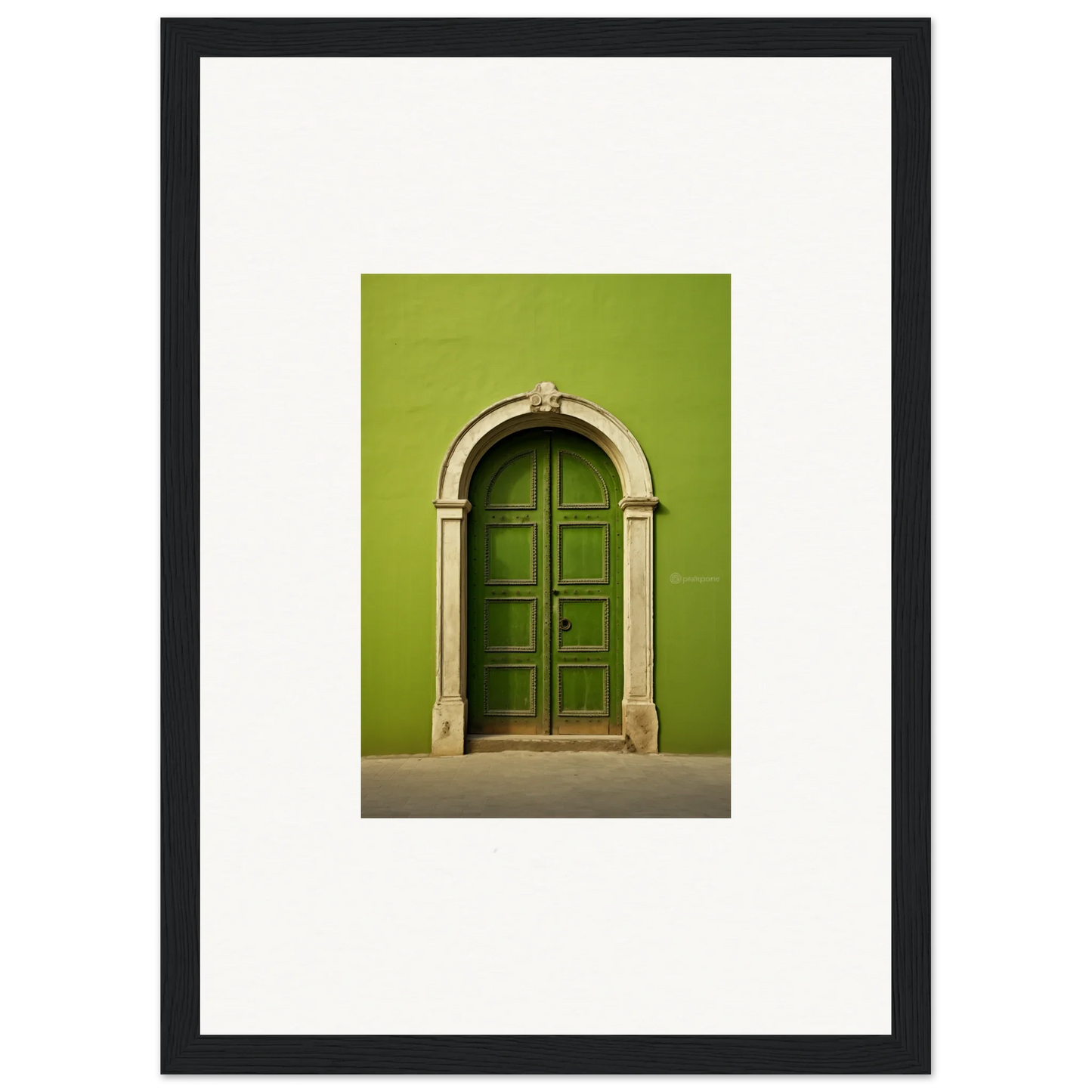 Green arched wooden door with stone trim from Vert Barcode Reverie special edition art™