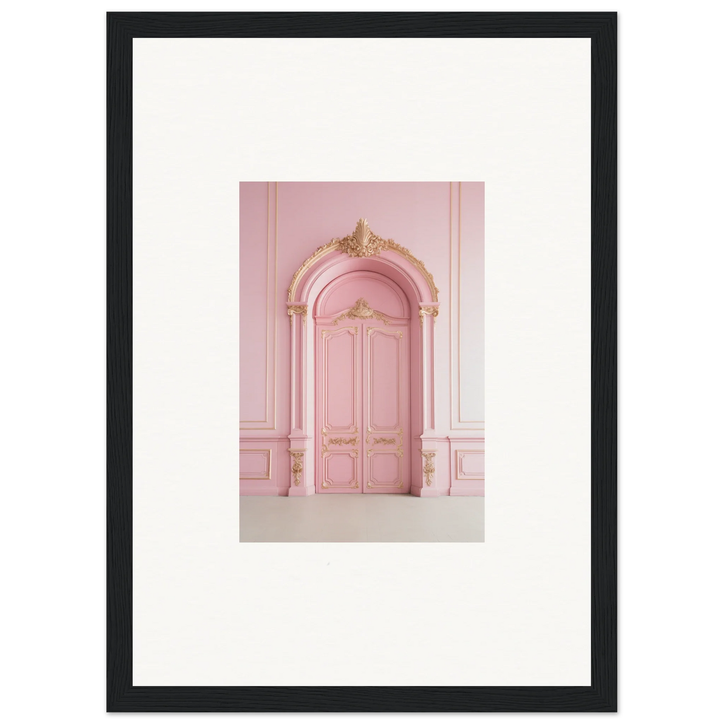 Ornate pink door with a carved archway in the Paris Dreams Frame design