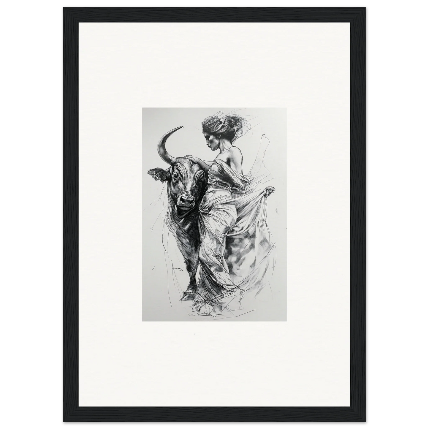 Black and white sketch of a woman dancing with a bull from Marvelous Taurine Serenade