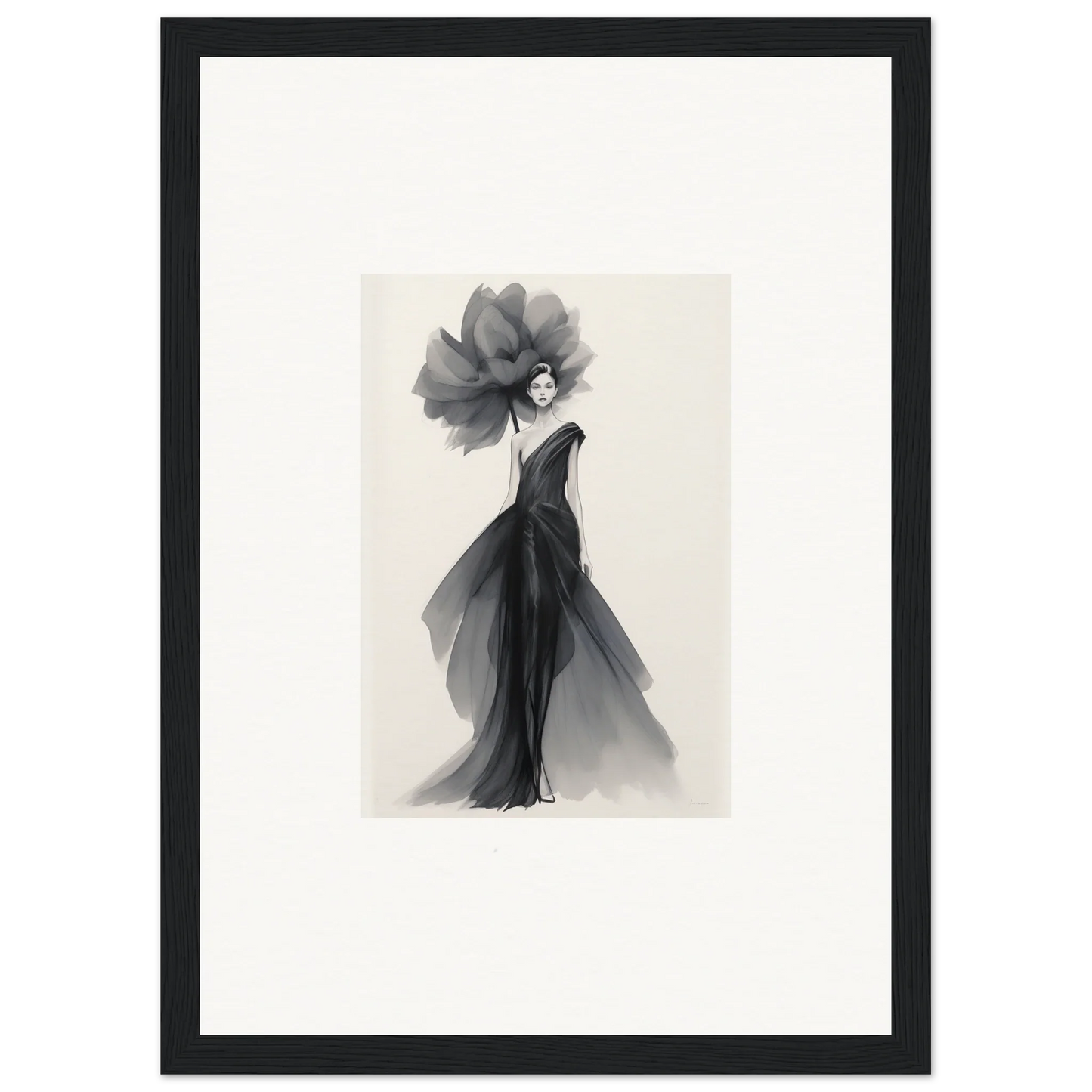 Elegant black and white fashion illustration for Curtain Bloom Dance special edition art