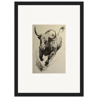 Charging bull in black and white brushstrokes for Ebullient Storm Release framed wall art