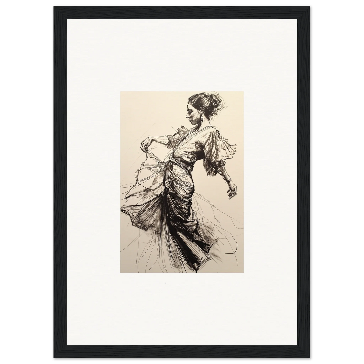 Elegant woman in dress, flowing hair in motion, perfect for Ephemeral Ink Serenade art