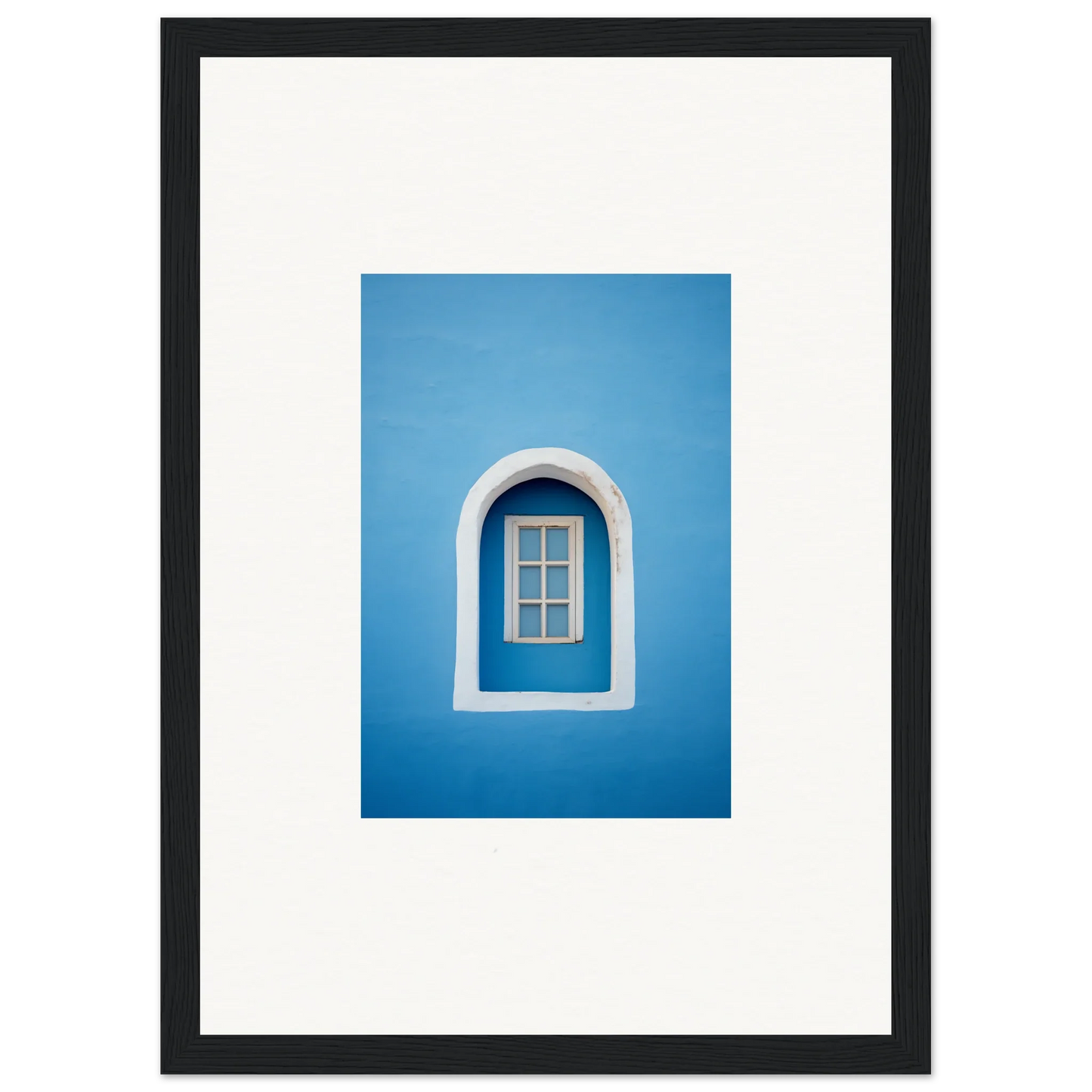 Arched window with white trim on blue wall in Whispers Sky Mosaic art piece