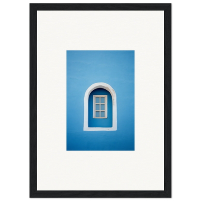 Arched window with white trim on blue wall in Whispers Sky Mosaic art piece