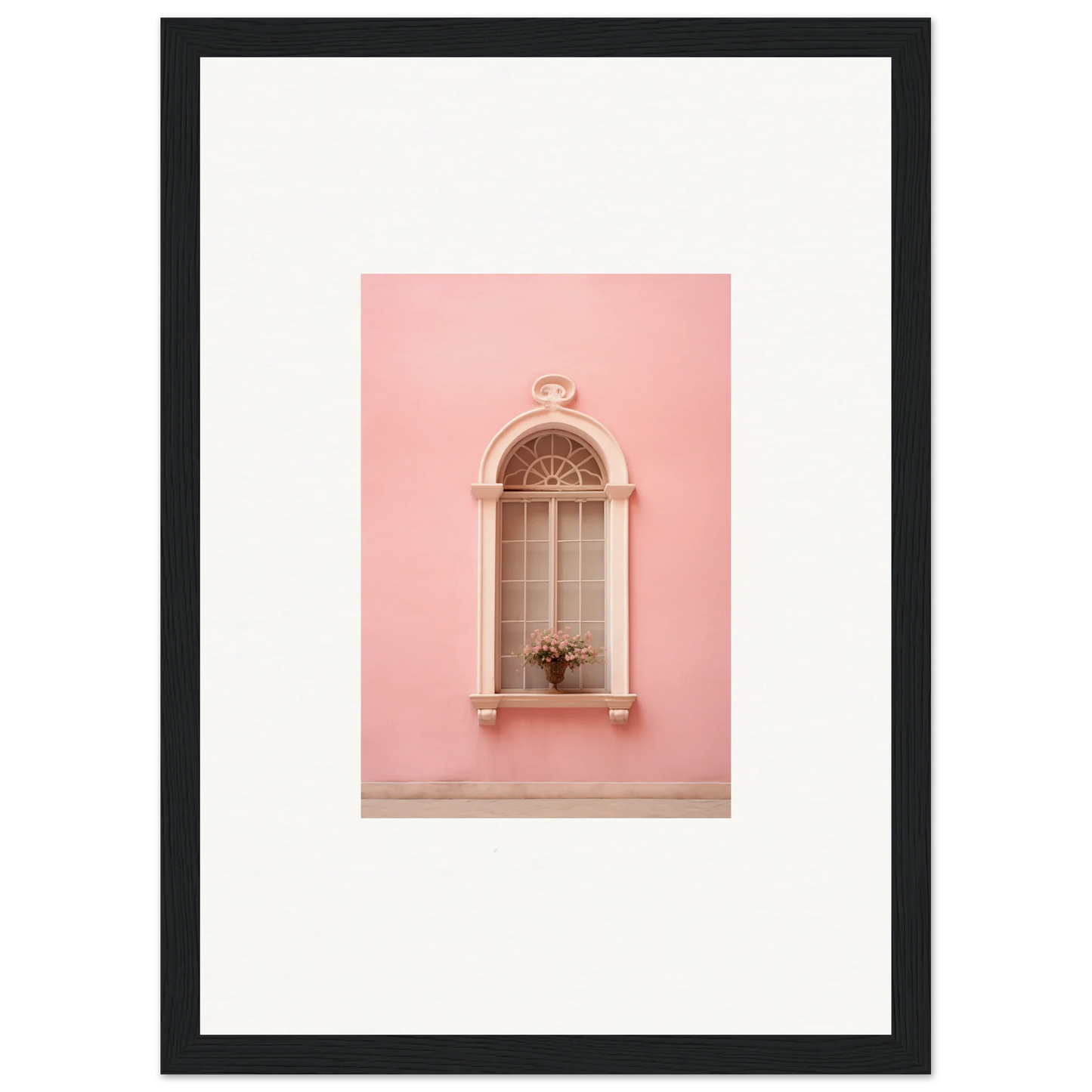 Arched window with ornate details on a pink wall in Pinky Flora Portal framed wall art