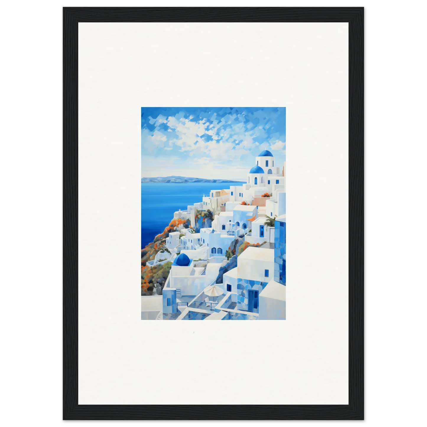 Framed watercolor of Santorini’s white buildings, a premium framed wall art piece