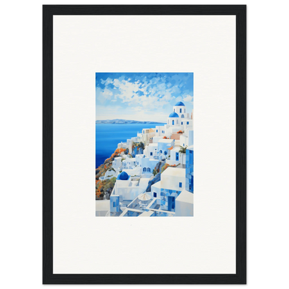 Framed watercolor of Santorini’s white buildings, a premium framed wall art piece