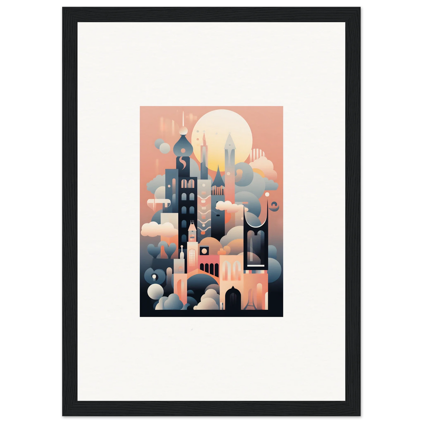 Stylized cityscape illustration for Ephemeral Castle Whispers in soft pink and blue tones