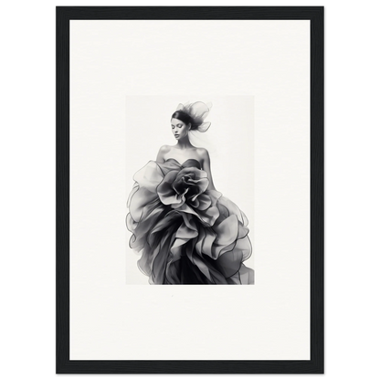 Black and white shot of a figure in a ruffled gown for Ephemeral Orchard Whispers art