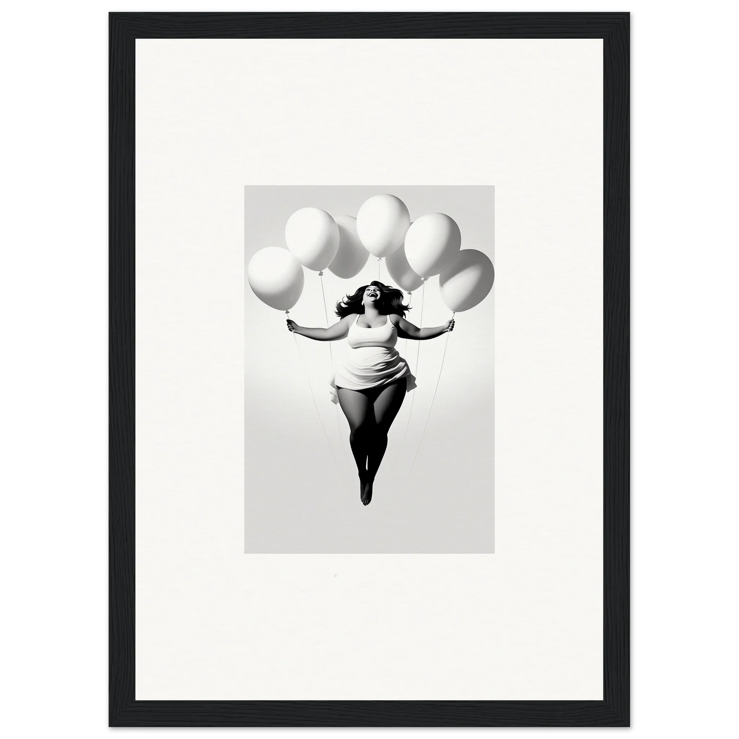 A figure floats with white balloons in Rosy Liberties Soar framed wall art