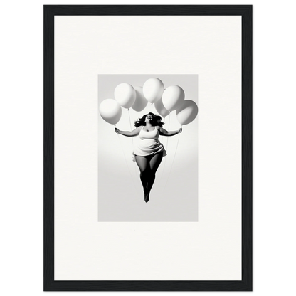 A figure floats with white balloons in Rosy Liberties Soar framed wall art