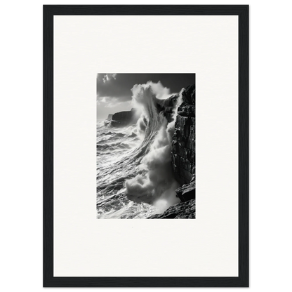 Powerful ocean wave crashing on rocky cliff in Tidal Curved Reality framed wall art