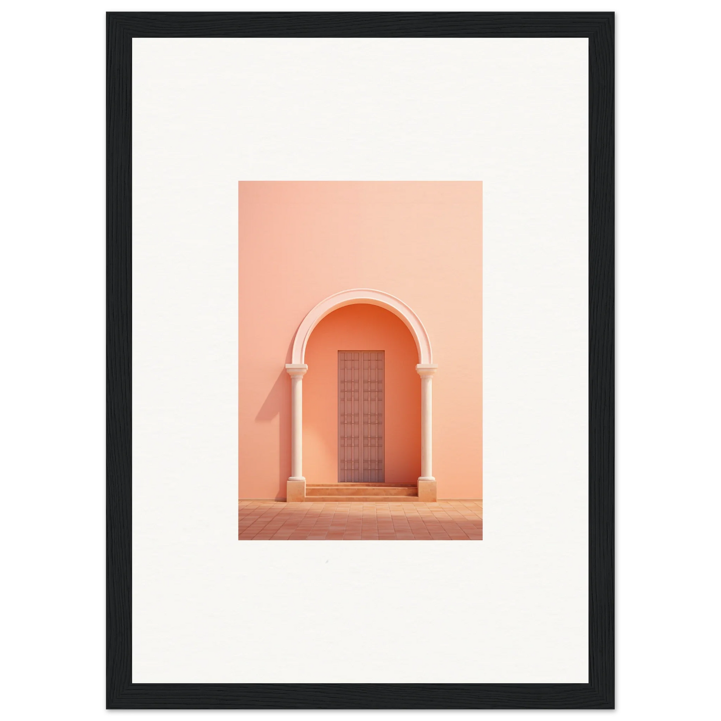 Peach-colored arched doorway with wooden door in Psychedelic Arches Discussionale art™