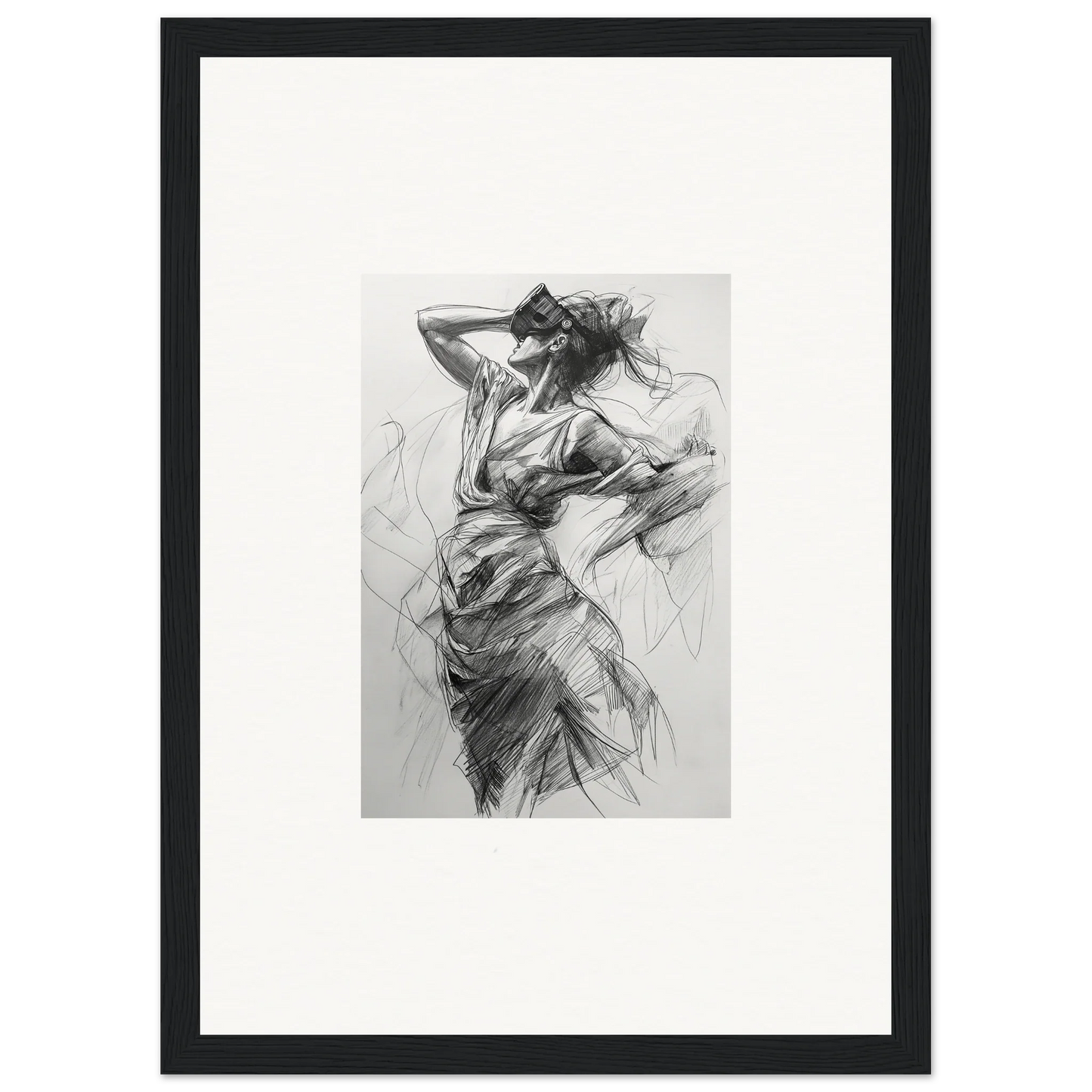 Expressive charcoal sketch of dynamic motion for Veiled Revisionist Muse framed wall art