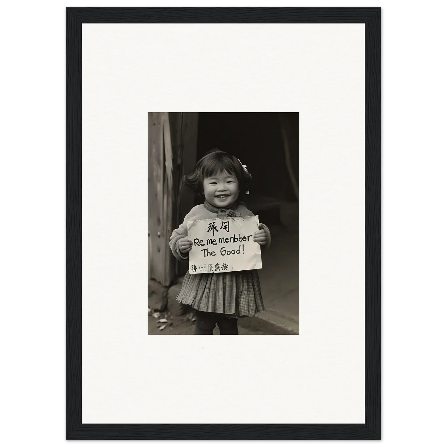 Black and white photo of a child with a sign in a frame, Ephemeral Joy Imbibed art