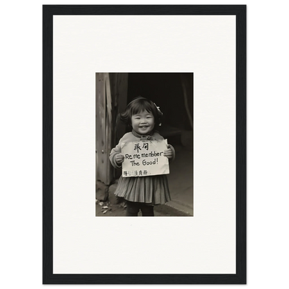 Black and white photo of a child with a sign in a frame, Ephemeral Joy Imbibed art