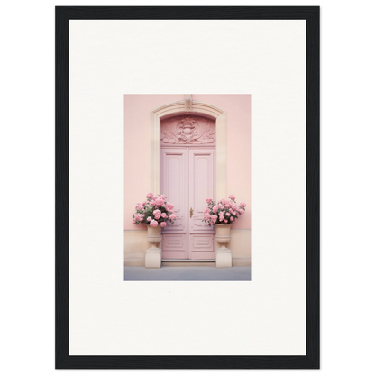 Ornate pink door with floral arrangements beside Rosy Cosmos Gateway framed wall art