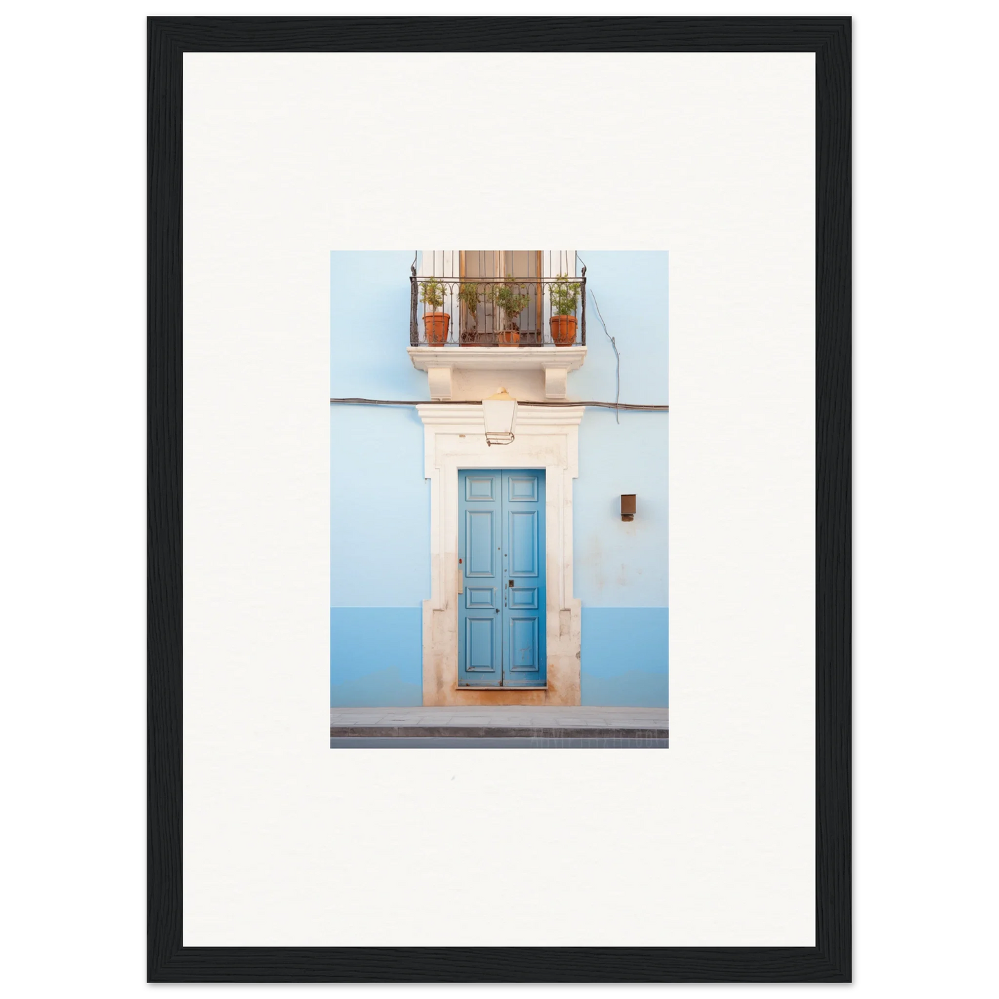 Blue wooden door with white stone trim and balcony in Ethereal Azul Entrance art